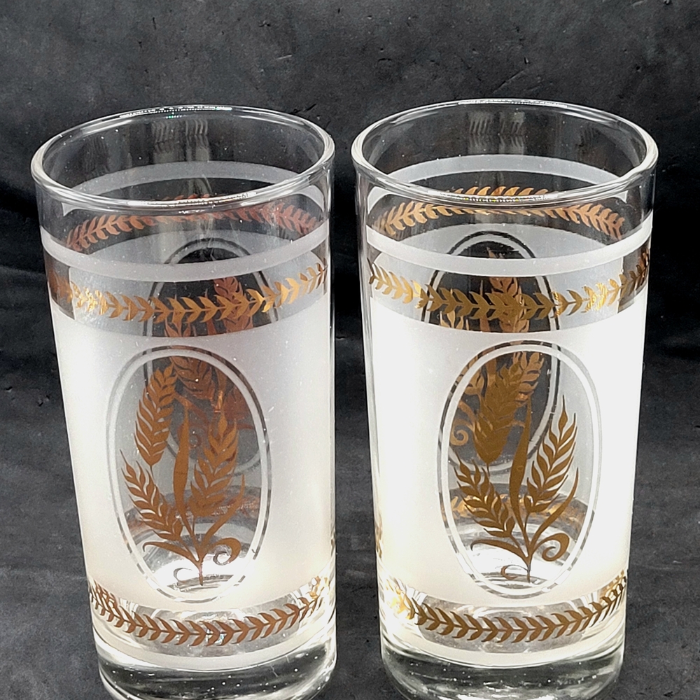 Set Of 2 Vintage Dominion Glass Canada Gold Wheat Highball Tumblers 5.5” Barware